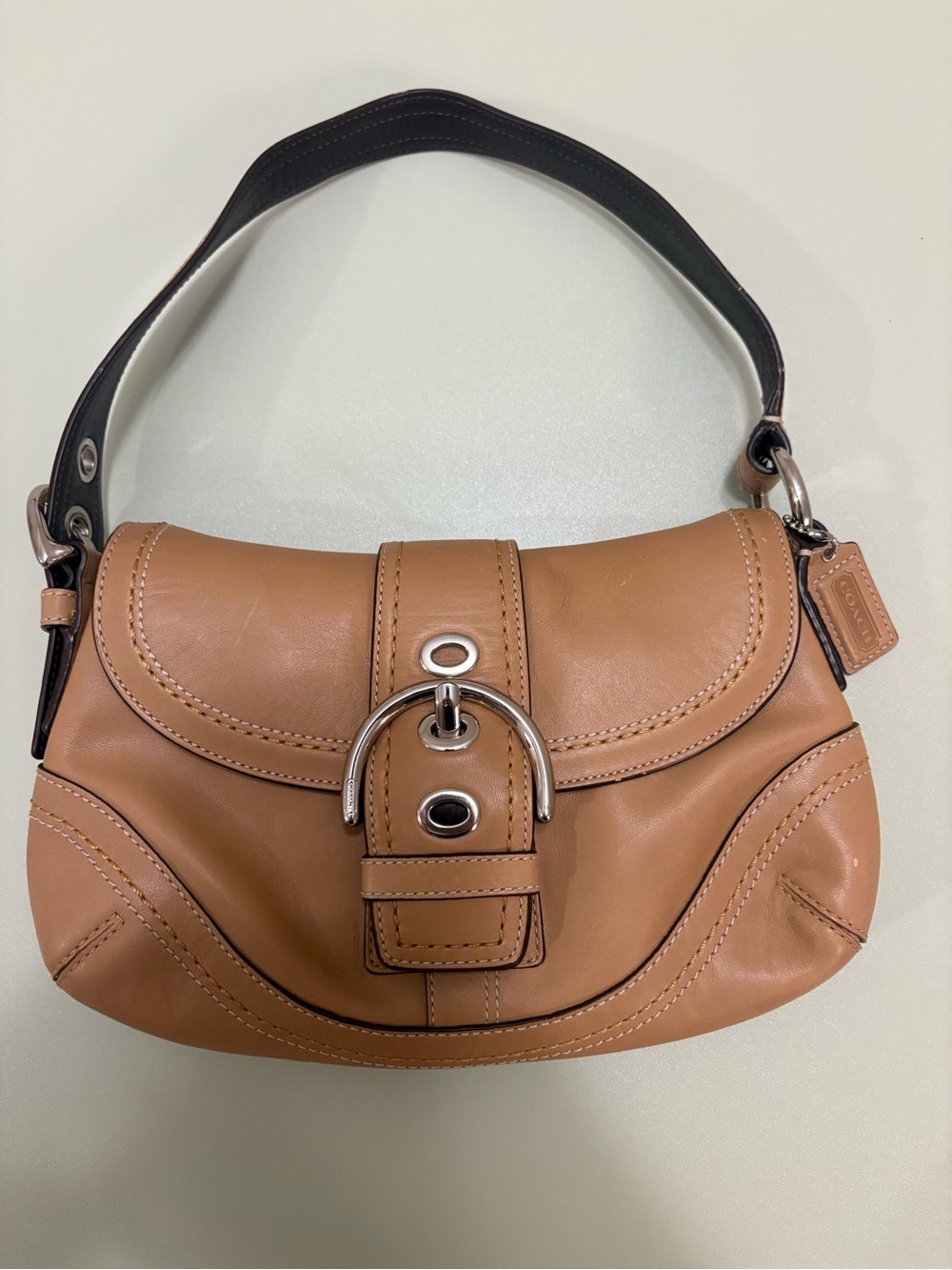 Coach Tan Leather Mini Soho Bag with Silver Buckle